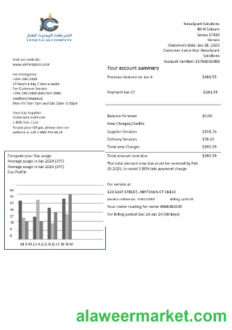 Yemen Gas Company business utility bill template in Word and PDF formats